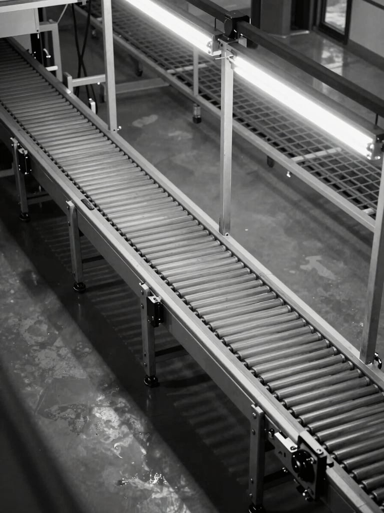 Overhead isometric view of industrial manufacturing floor showing a conveyor alignment system, clinical fluorescent lighting, steel structural grid visible from above, no people, high-contrast monochrome-leaning tones with sharp geometric lines