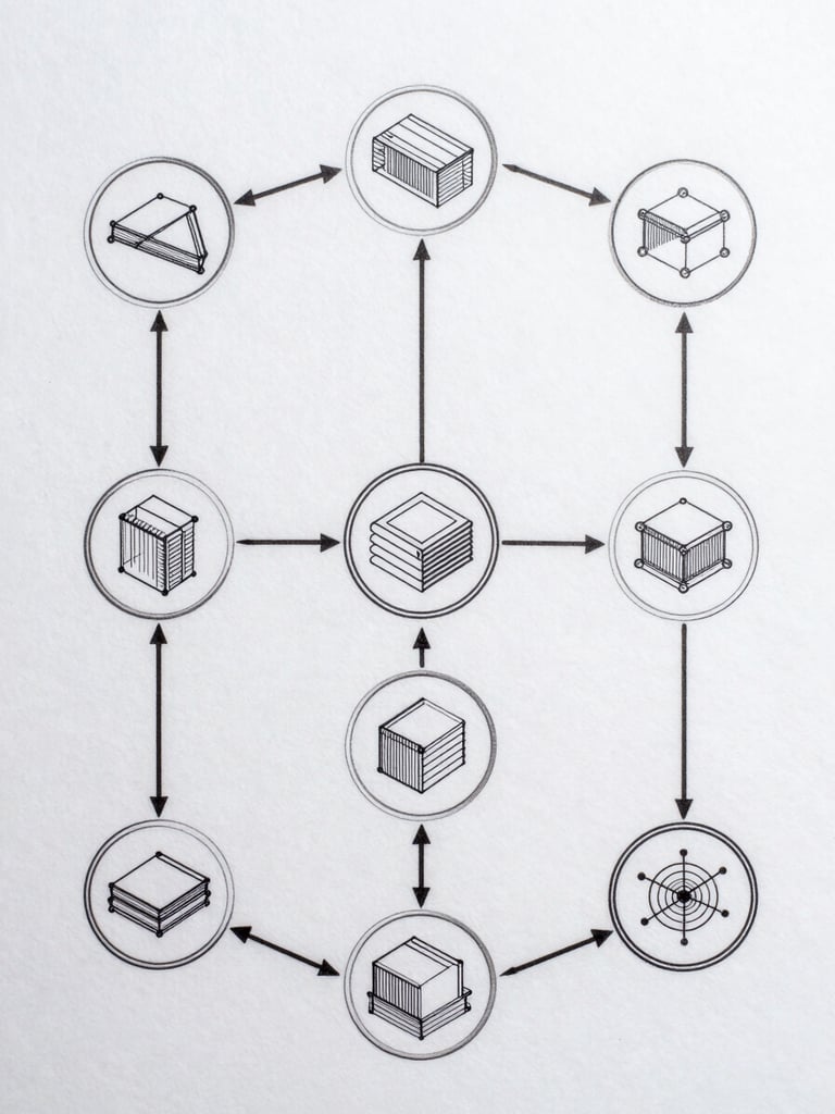 Overhead flat-lay of a data workflow diagram on a matte surface, network nodes and connector lines rendered in precision linework, clinical white light from above, no people, geometric and isometric framing, high contrast