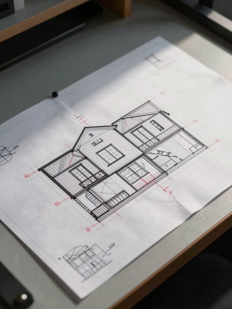 Architectural blueprint detail pinned to a drafting table under clinical north-facing studio light, red markup annotations visible on structural section drawings, no people, sharp geometric lines, high contrast