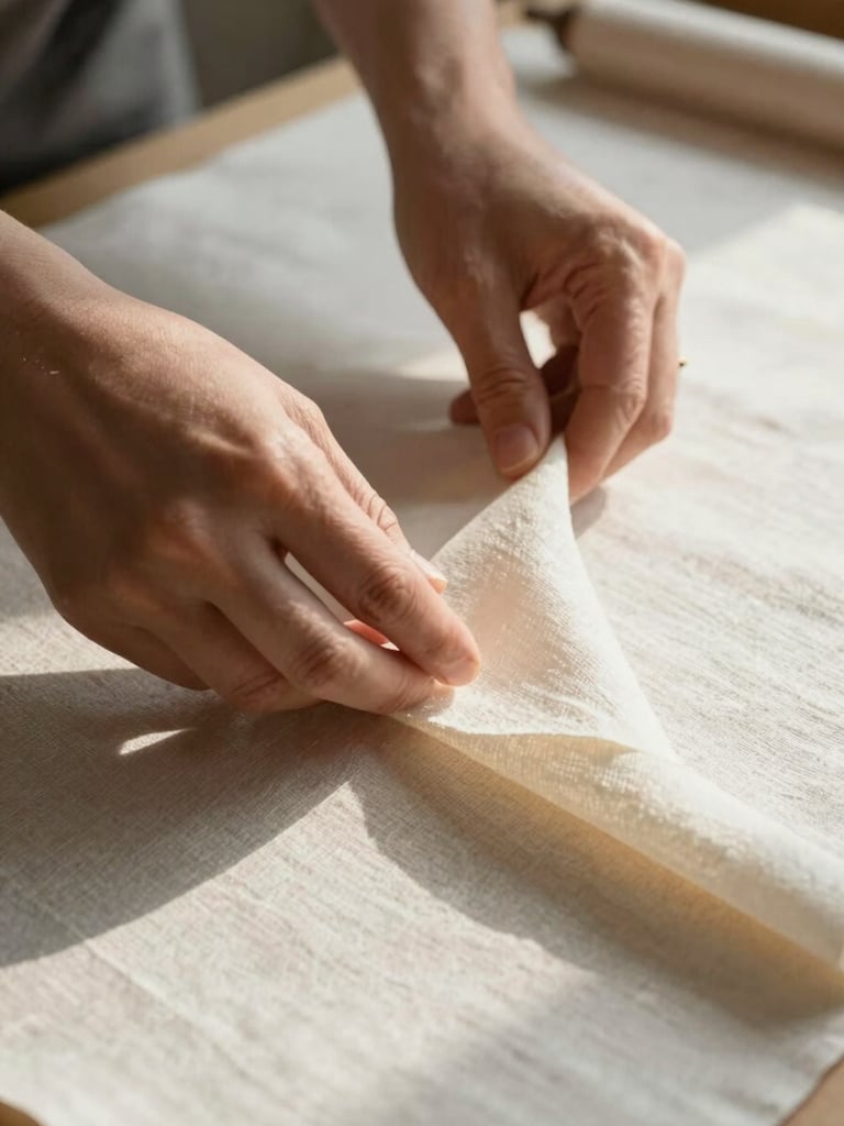 A close-up of a designer's hands carefully folding raw linen paper, soft morning light casting gentle shadows across the textured surface