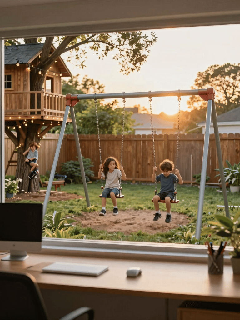 Children playing on a backyard swing set during sunset while family handles insurance planning