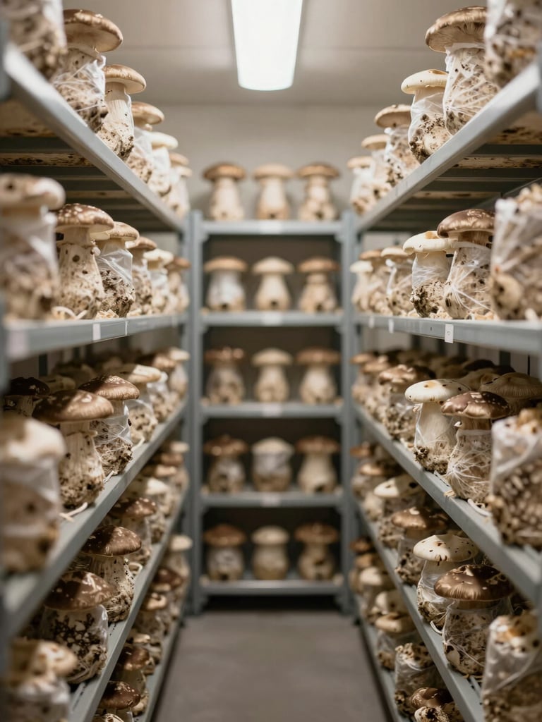 Wide shot of a modern, clean mushroom growing room, climate-controlled environment, organized racks of grow bags, soft diffused daylight, no messy clutter, 35mm