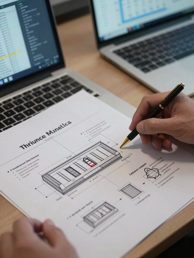 Close overhead shot of a desk with printed threat model diagrams and a laptop screen displaying data correlation graphs, cool ambient office light, a hand mid-gesture over the documents, shallow depth-of-field isolating the annotated architecture sketch