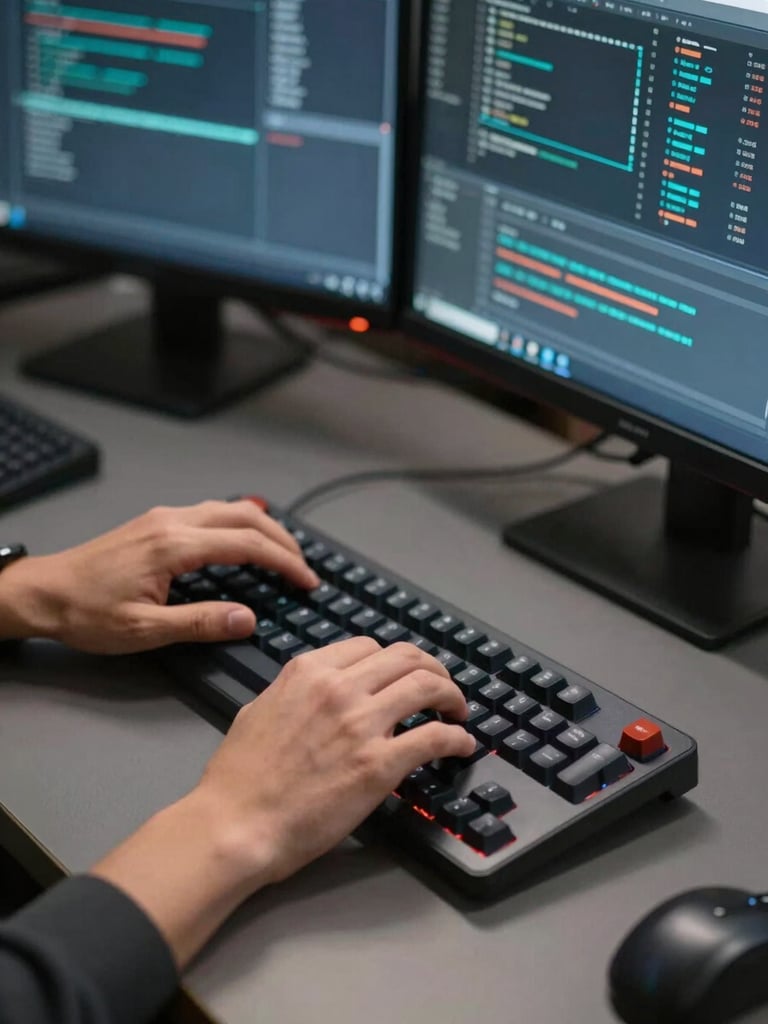 Close medium shot of hands on a mechanical keyboard mid-incident-response, dual monitors showing terminal output and network topology diagrams in the background, cool flat server-room ambient light, shallow depth-of-field isolating the fingers and keys, graphite desk surface, no warm tones