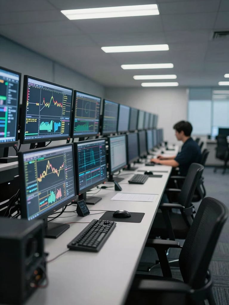 Wide shot of a network operations center from the left aisle, rows of monitoring screens displaying live traffic graphs under cool flat fluorescent light, a single analyst silhouette visible at the far end, shallow depth-of-field isolating the nearest rack