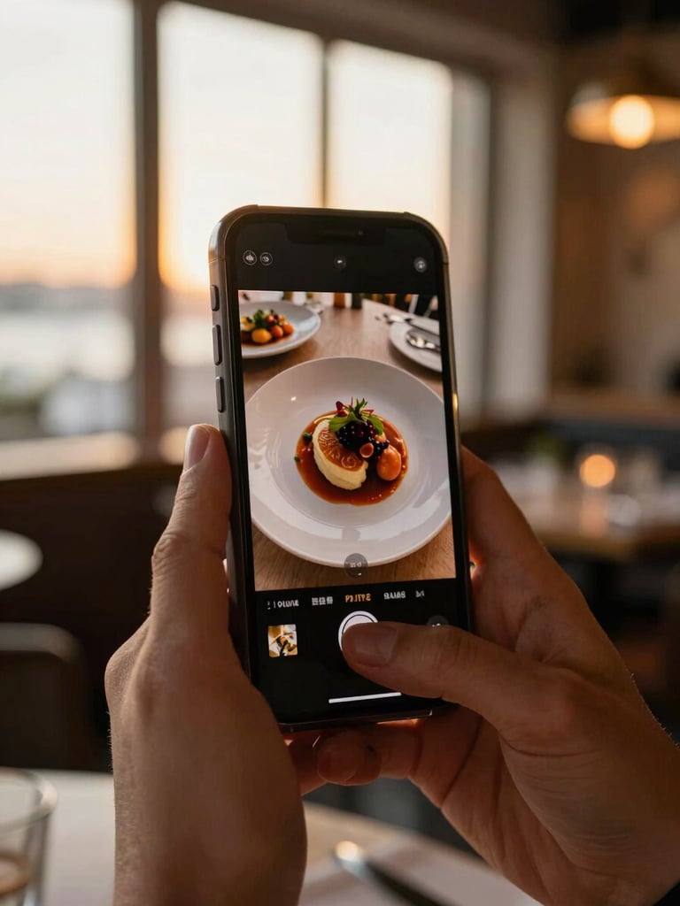 Close-up of hands holding a smartphone showing a finished social media post featuring a beautifully plated dish, warm golden-hour window light behind the phone, the background out of focus showing a restaurant dining room, no faces visible