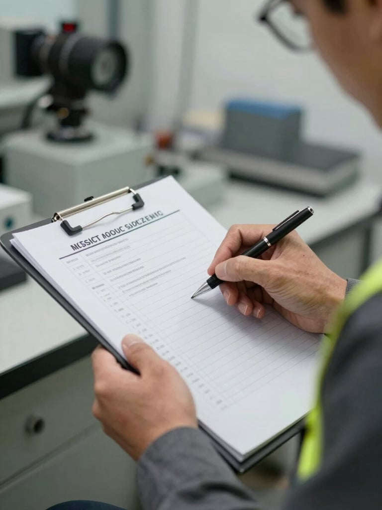 Close-up of a safety inspector's hands holding a clipboard with a printed checklist, pen mid-annotation, industrial workstation blurred in background, natural overcast daylight, tight environmental frame