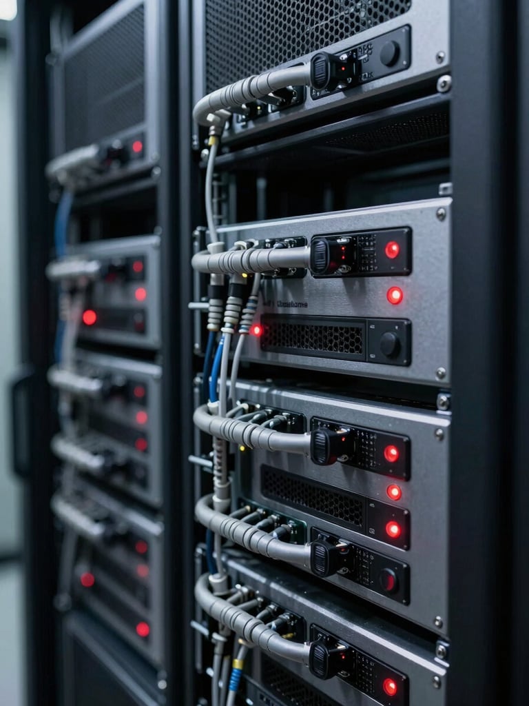 Macro shot of organized server racks in a Chilean data center, clean cabling, subtle red status lights reflecting on metallic surfaces, technical lighting.