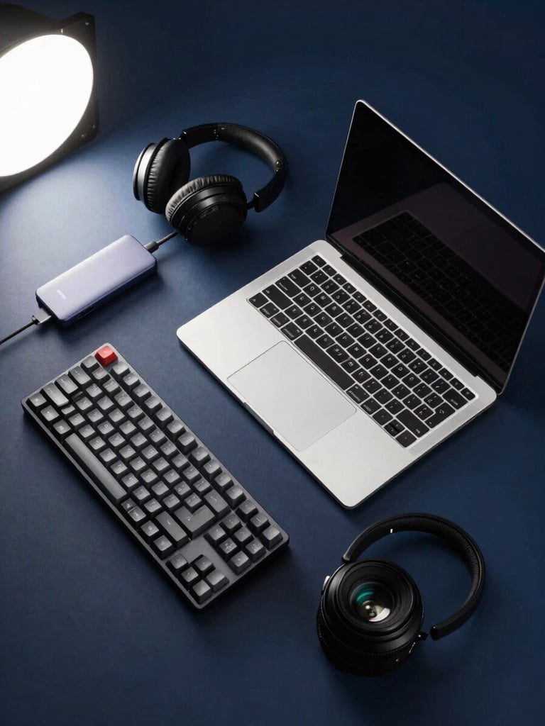 Overhead flat-lay on a deep navy desk surface: a laptop open at a precise angle, a wireless mechanical keyboard to the left, a compact USB-C hub and noise-canceling headphones resting beside it, all lit by crisp studio strobe from the upper left casting clean hard-edge shadows — no props, no clutter, every object chosen
