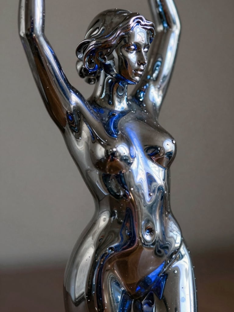 Macro shot of a highly reflective dark chrome fluid sculpture, sharp side lighting, deep shadows, electric cobalt highlights, ultra-sharp details.