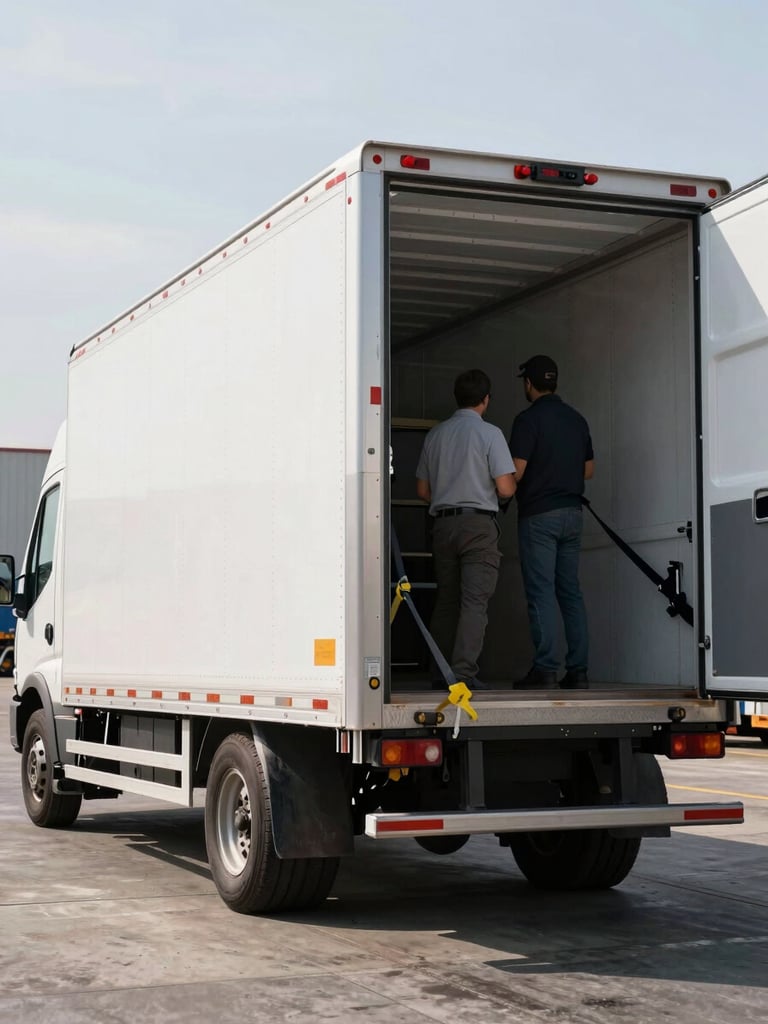 Close environmental shot of a loaded 53-foot dry van trailer at a commercial dock, natural daylight, tie-down straps visible on the cargo edge, driver mid-inspection at the rear doors