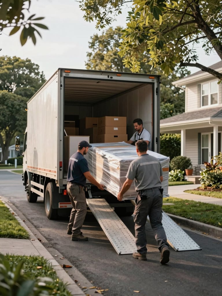 Wide environmental shot, moving truck backed up to the open door of a residential home on a tree-lined street, daylight, two workers in work gear transferring a wrapped piece of furniture up the ramp, truck interior visible with stacked boxes, natural morning light