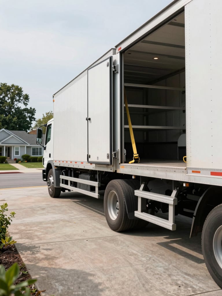 Close environmental shot from driver-eye level looking along the side of a large moving truck parked on a job-site driveway, cargo doors open, tie-down straps visible on interior rails, natural daylight, concrete driveway in foreground, residential neighborhood in background