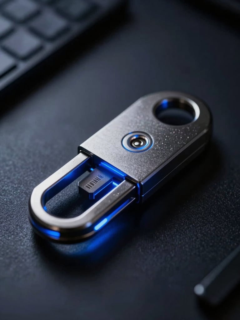Macro close-up of a physical hardware security key glowing with cool blue light, resting on a dark metallic surface, dramatic low-key backlighting