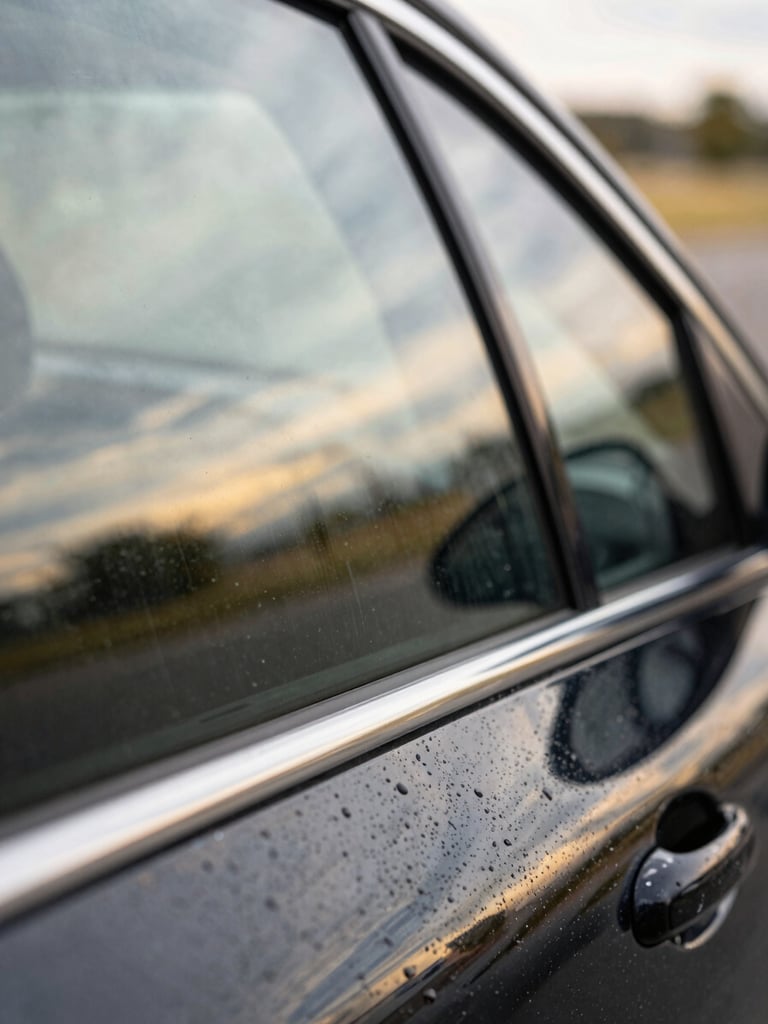 Extreme close-up of a freshly polished black car door panel in bright overcast daylight, gold-toned reflection visible across the curved bodywork, water beads on a flawless surface, shallow depth of field on the reflection
