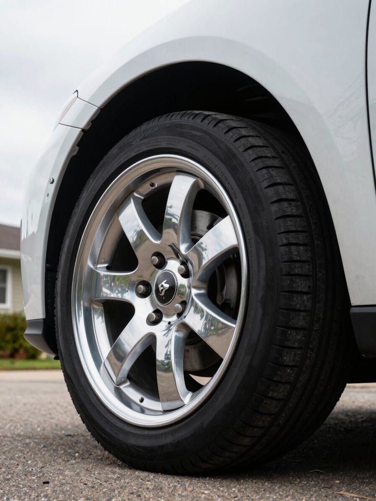 Tight close-up of a polished car wheel arch and tire in bright overcast daylight, tire dressed black, chrome rim reflecting the pale sky, residential driveway edge visible in background