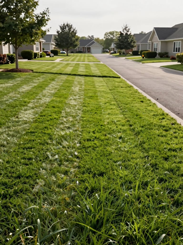 Wide environmental shot of a freshly cut suburban lawn at morning light, sharp parallel mowing lines stretching across the frame, clean driveway edge visible to the right, bright overcast daylight, no people