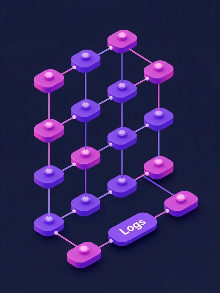 Isometric system architecture diagram showing clean telemetry pipelines routing logs, dark slate background, purple and magenta glowing nodes, precise technical schematic