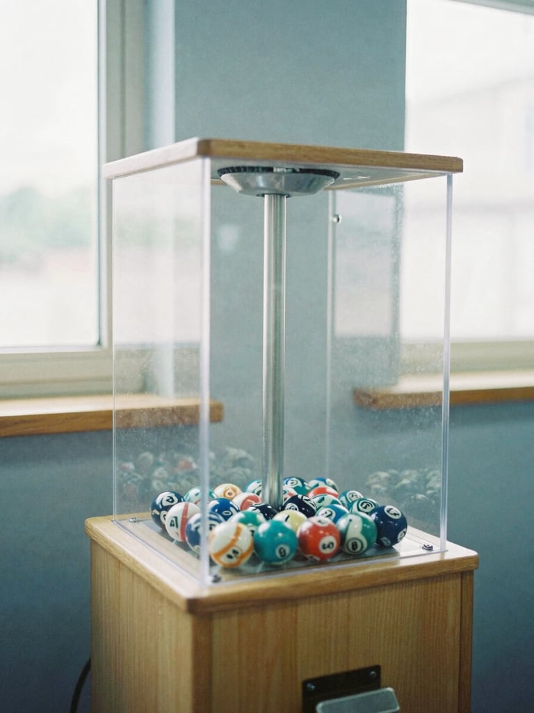 A physical lottery draw machine with a transparent acrylic chamber and numbered balls spinning inside, bright natural daylight from high windows, honest editorial 35mm photography