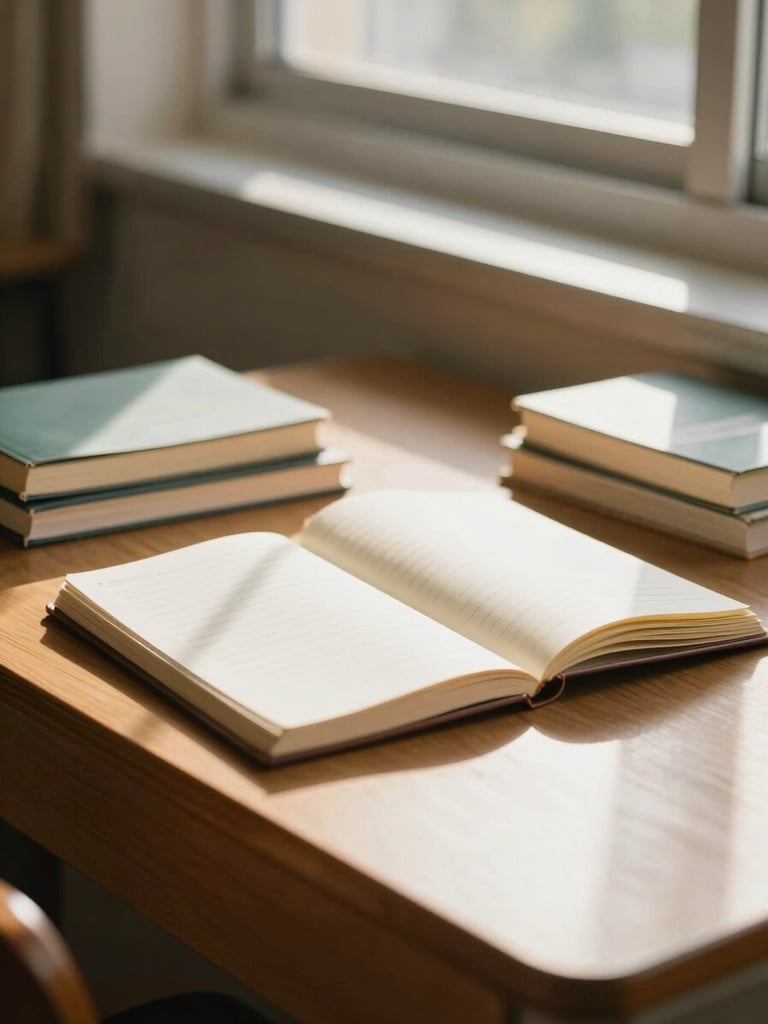 Close view of a wooden teacher's desk beside a sunlit window, an open notebook and a few books arranged naturally, warm afternoon daylight casting soft shadows, no people, matter-of-fact and unhurried