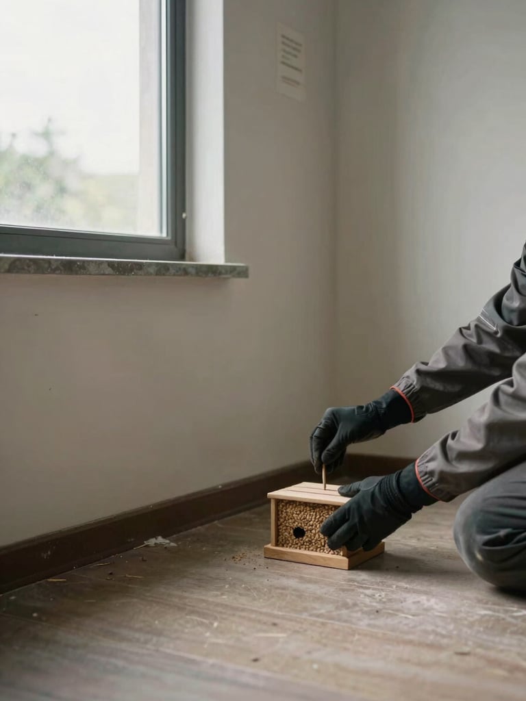 Wide environmental shot of a technician's gloved hands placing a rodent bait station against a skirting board in an empty utility room, natural daylight entering from a side window, floor-level framing showing the room corner in sharp focus