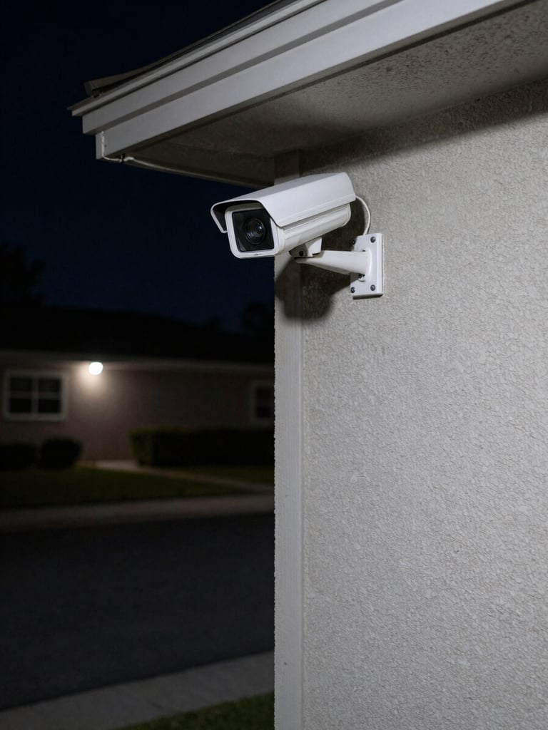 Corner-angle overhead shot: a security camera mounted on the upper corner of a residential garage wall at night, cool low-light scene showing an empty driveway below with faint ambient street lighting — the camera lens sharp and precise, the concrete surface detailed, no people, documentary surveillance framing