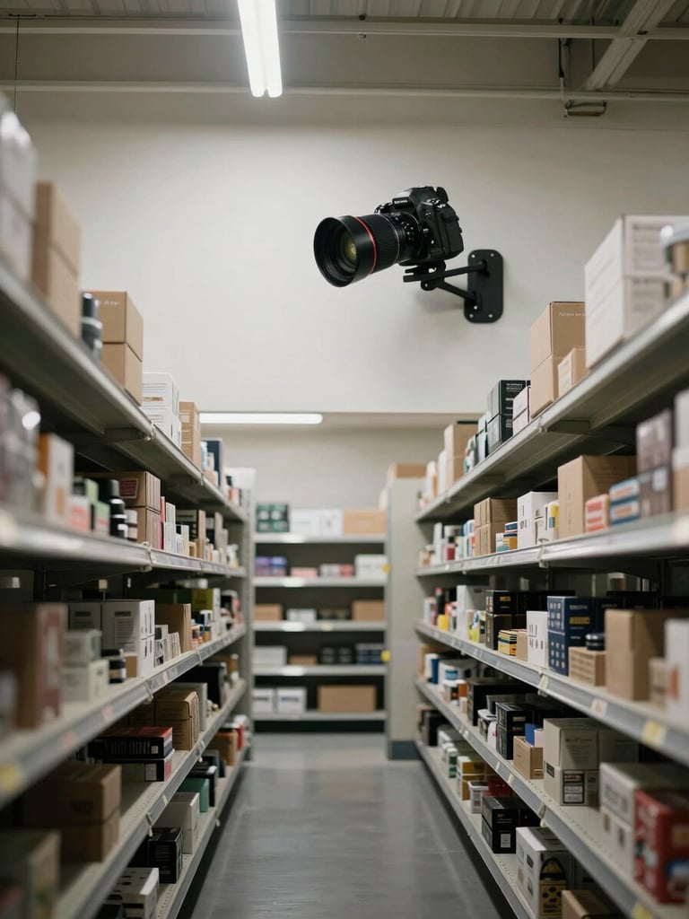Corner-angle shot from above inside a large retail stockroom after closing hours, a Damontinode camera mounted high on the wall visible in the upper frame, shelving rows receding into cool shadow, one overhead fluorescent light illuminating the aisle below, empty and precisely ordered