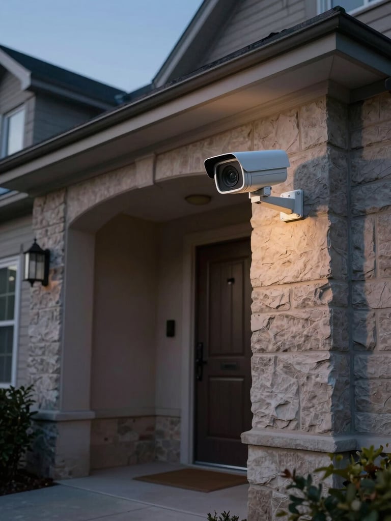 Wide environmental shot from below-right angle: a compact surveillance camera mounted above a residential front doorway at dusk, cool natural twilight illuminating the stone facade, the camera's lens facing outward toward the empty entrance path — no people, precise shadowless hardware detail, documentary framing
