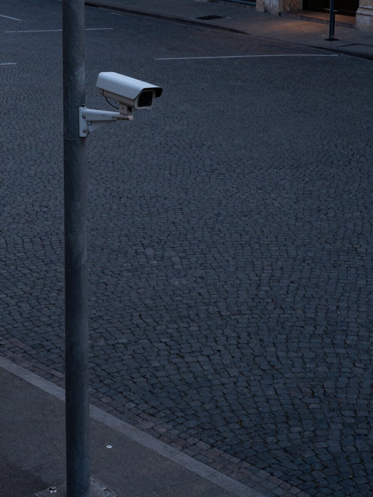 Corner-angle wide shot from above a dimly lit urban street intersection at dusk, a compact surveillance camera mounted on a concrete pole occupying the left third of the frame, empty cobblestone plaza stretching into the background, cool shadowless ambient light, no people, precise and calm framing mimicking a surveillance sightline