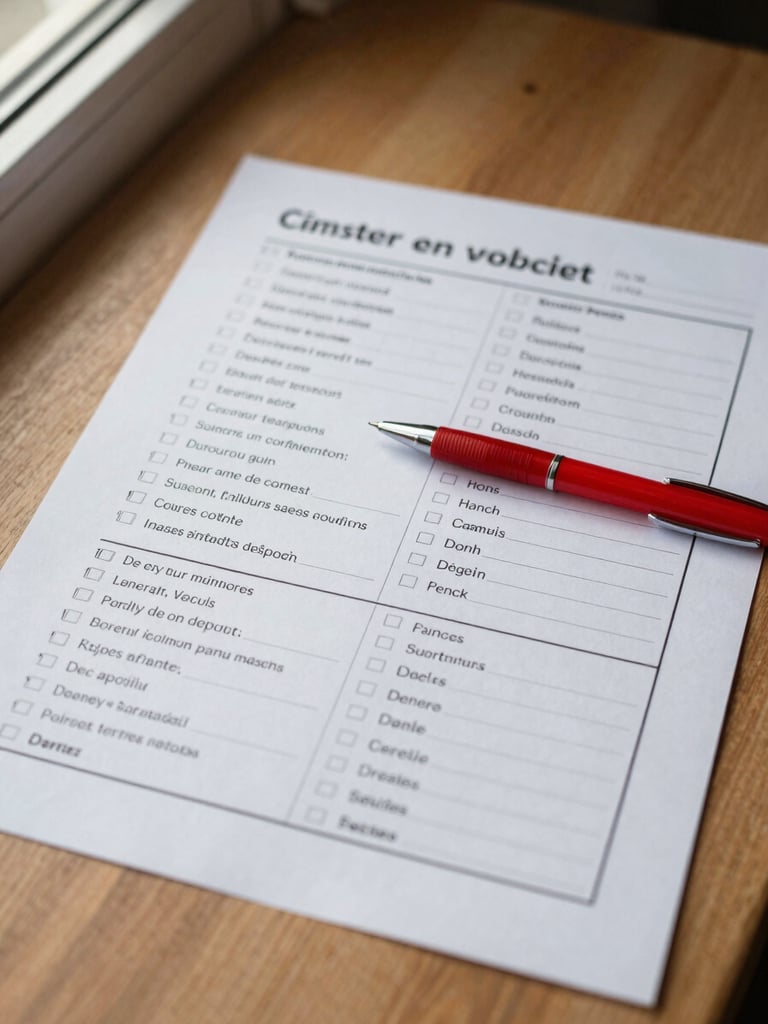 Overhead close-up of a printed French vocabulary worksheet laid flat on a warm wood desk, a teacher's red pen resting on the page, soft natural window light from the left, paper texture visible
