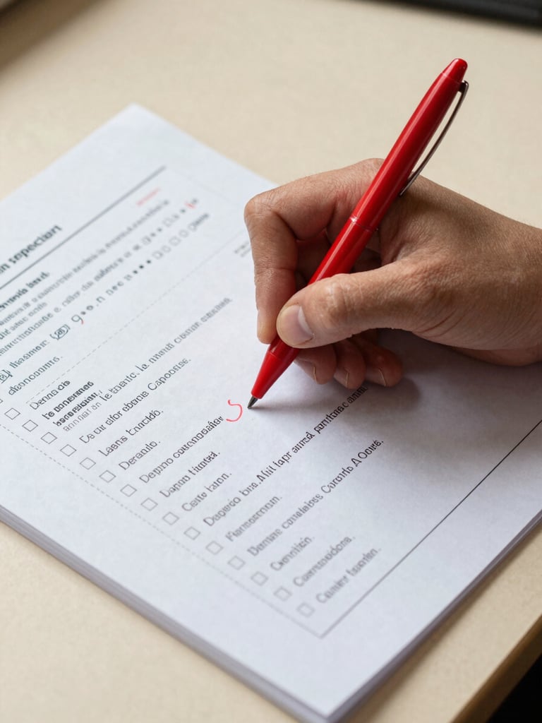 Close-up overhead of a hand marking a Spanish vocabulary worksheet with a red pen on a warm cream desk, natural side light catching the handwritten corrections, answer key visible at the edge of the frame