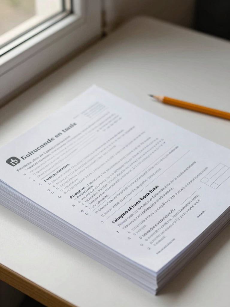Overhead close-up of a neat stack of printed French and Spanish worksheets on a warm paper-white desk, pencil resting beside them, soft natural window light from the left, crisp handwritten annotations visible on the top sheet