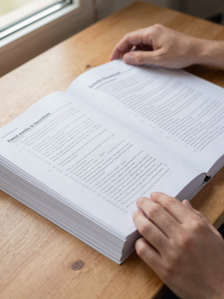 Overhead portrait shot of a neatly stacked set of printed French and Spanish classroom worksheets on a warm wood desk, a teacher's hand resting on top, soft natural side light from a window, close crop celebrating the physical pages