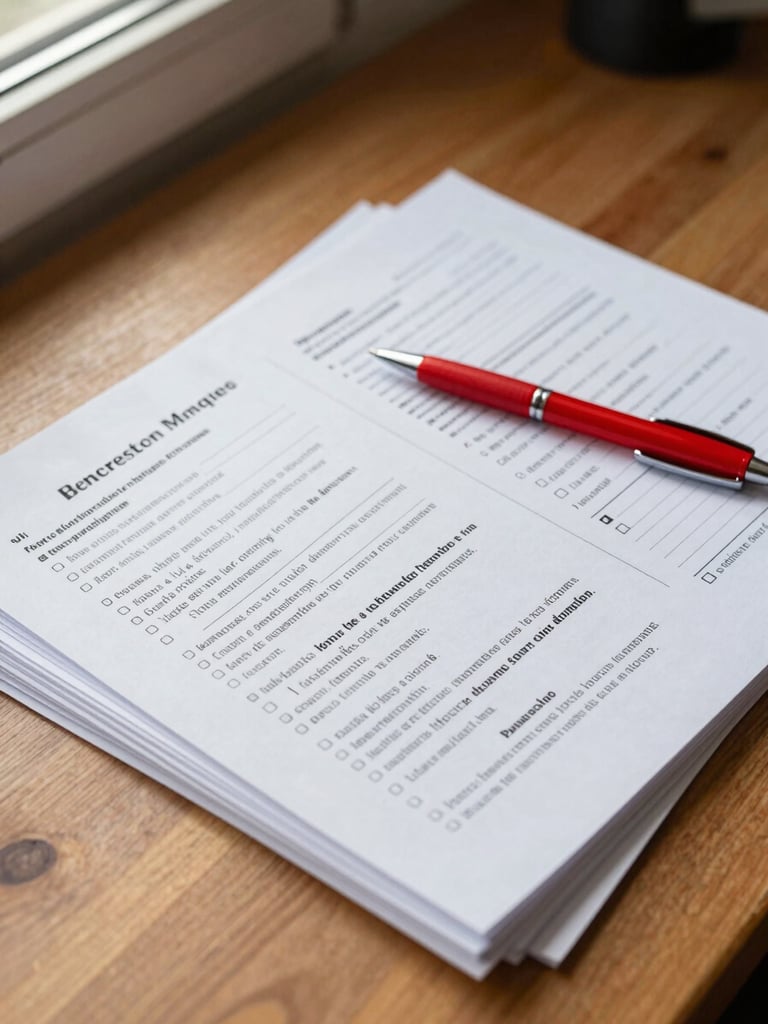 Overhead close-up of a stack of printed French and Spanish worksheets on a warm wooden desk, a red pen resting across the top page, soft natural window light from the left, paper texture visible