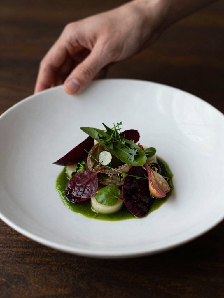 Moody culinary photography of hands plating a fresh artisanal dish, soft warm natural side-light, deep carmine and forest green tones, shallow depth of field, 35mm