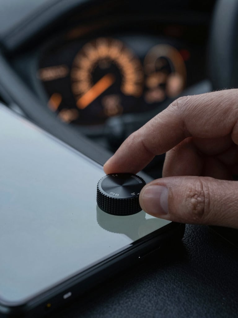Macro close-up of a hand adjusting a tactile dial on an Android device screen, moody low-light cabin interior with soft amber instrument cluster glow in the background.