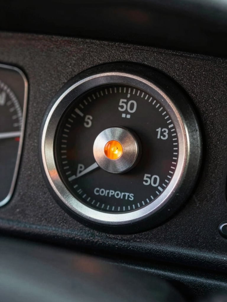 Macro close-up portrait of a physical vintage car instrument panel, focusing on a knurled metal dial and a glowing orange indicator light, sharp studio lighting, dark metallic textures