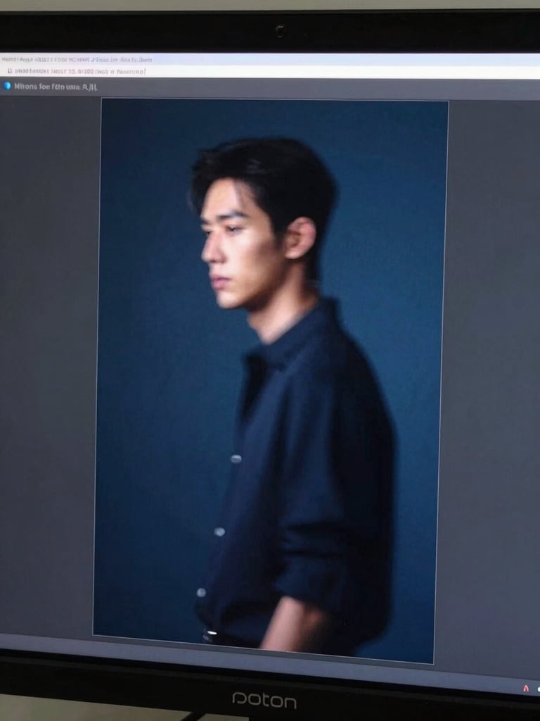 Tight portrait-orientation monitor frame showing a graded commercial film still — deep steel blue grade, single model in motion blur, dark charcoal background, studio monitor bezel visible at edges