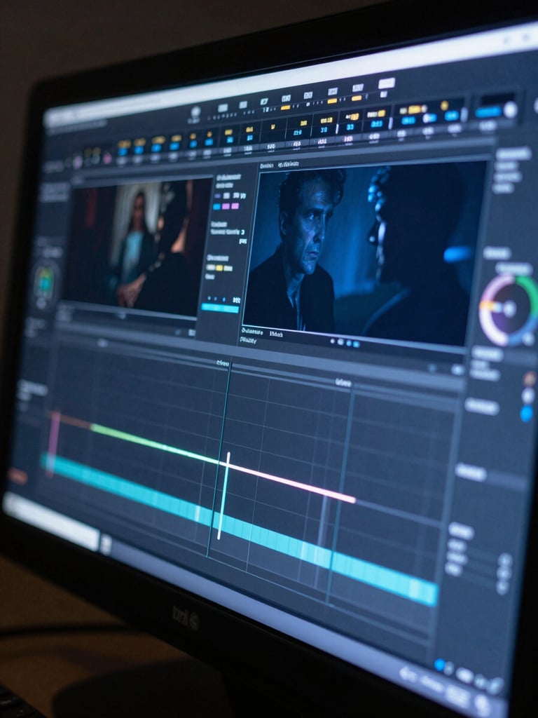 Extreme close-up of a professional color grading monitor displaying a richly graded commercial scene, deep steel blue shadows and controlled highlights visible on the scopes panel at screen edge, studio ambient cool light, tight crop showing only the screen surface and a sliver of bezel