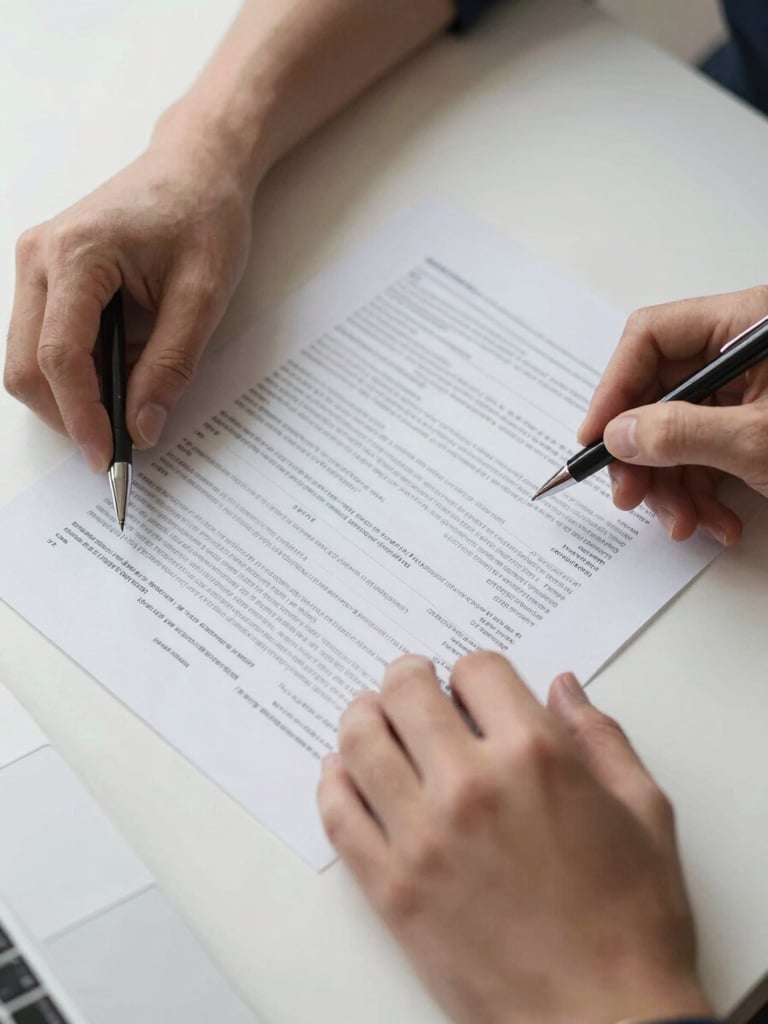 Close-up overhead flat-lay of hands reviewing printed financial compliance documents on a clean desk, a pen resting on stamped paperwork, soft north-facing daylight, no faces visible, methodical and precise atmosphere