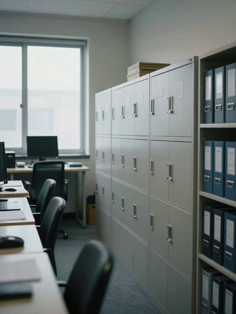 Wide environmental shot of an organized accounting office interior, filing cabinets and orderly shelves to the right edge, a desk with documents and a monitor visible, north-facing daylight through frosted windows, cool and methodical atmosphere, no people