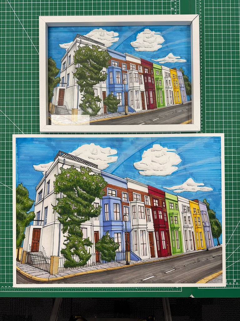 A colorful illustration of Notting Hill houses in London, featuring vibrant terraced homes and a blue sky.