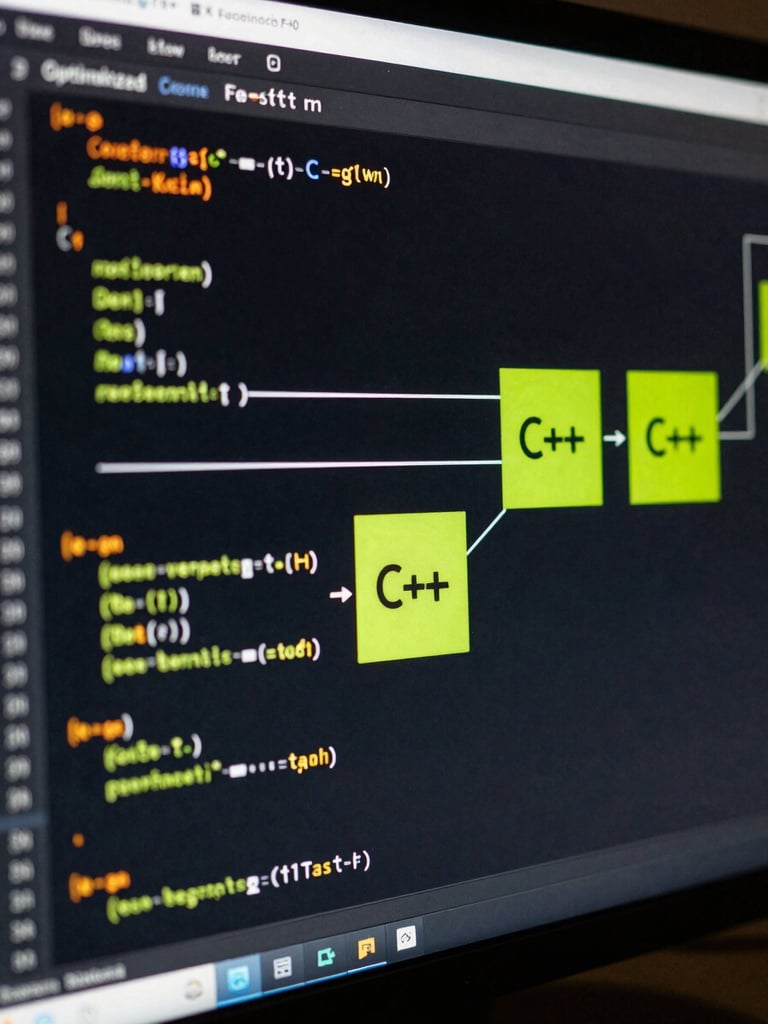 Macro capture of optimized C++ and Kotlin rendering loop code on a dark monitor, glowing cyber-lime accents highlighting zero-overhead architecture blocks