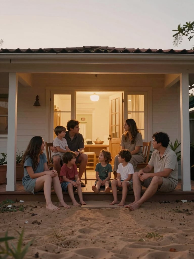 Cinematic portrait of a family sitting on a porch at dusk, warm indoor light spilling out, candid interaction, unposed storytelling