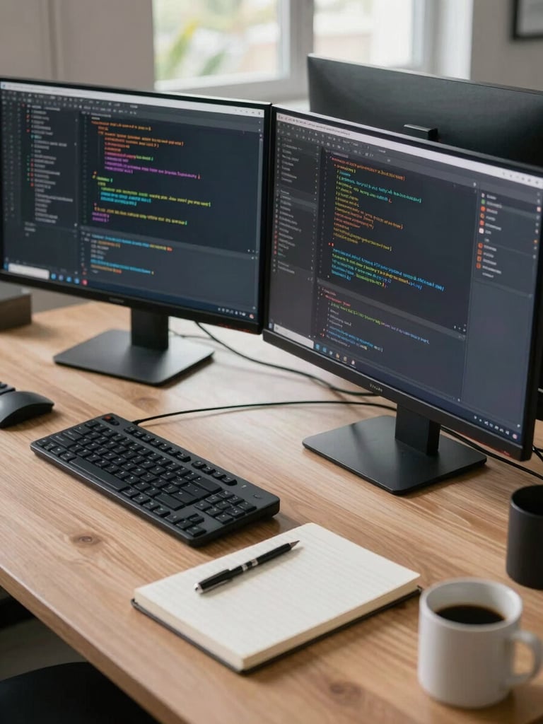 Side-angle wide shot of a developer's desk setup: dual monitors showing realistic code editors, a notebook open beside the keyboard, overhead daylight flooding the workspace, coffee mug at the edge of the frame