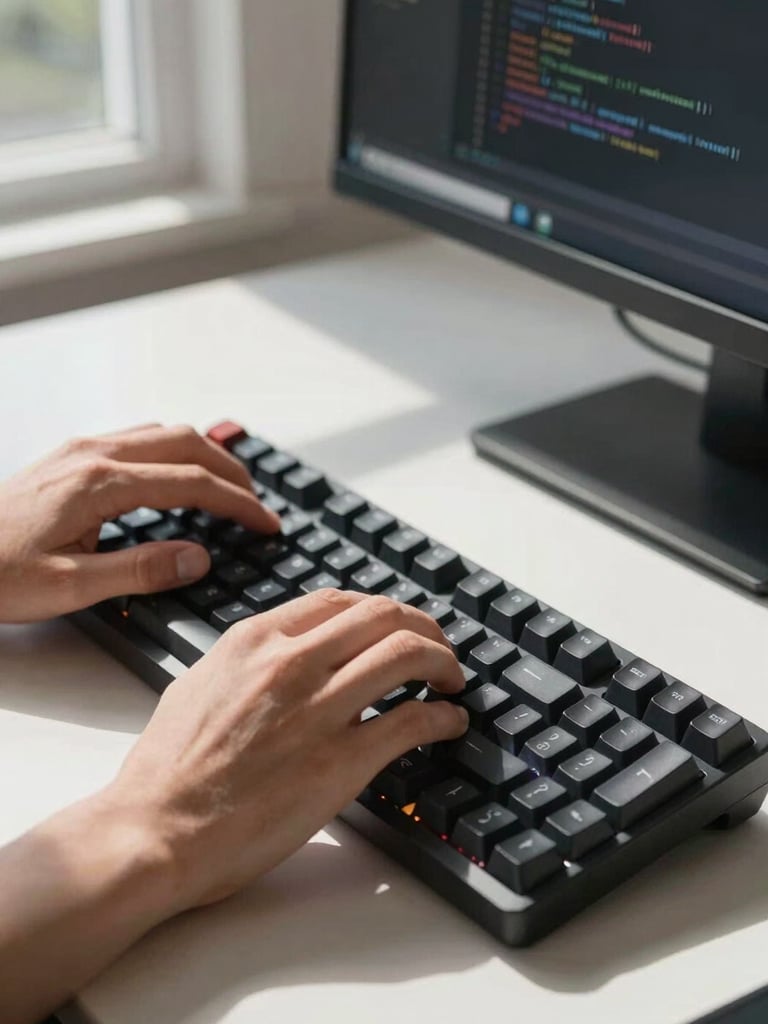 Close-up side angle of hands on mechanical keyboard, monitor behind showing lines of clean code, bright daylight from a window casting sharp shadows on a minimal desk setup