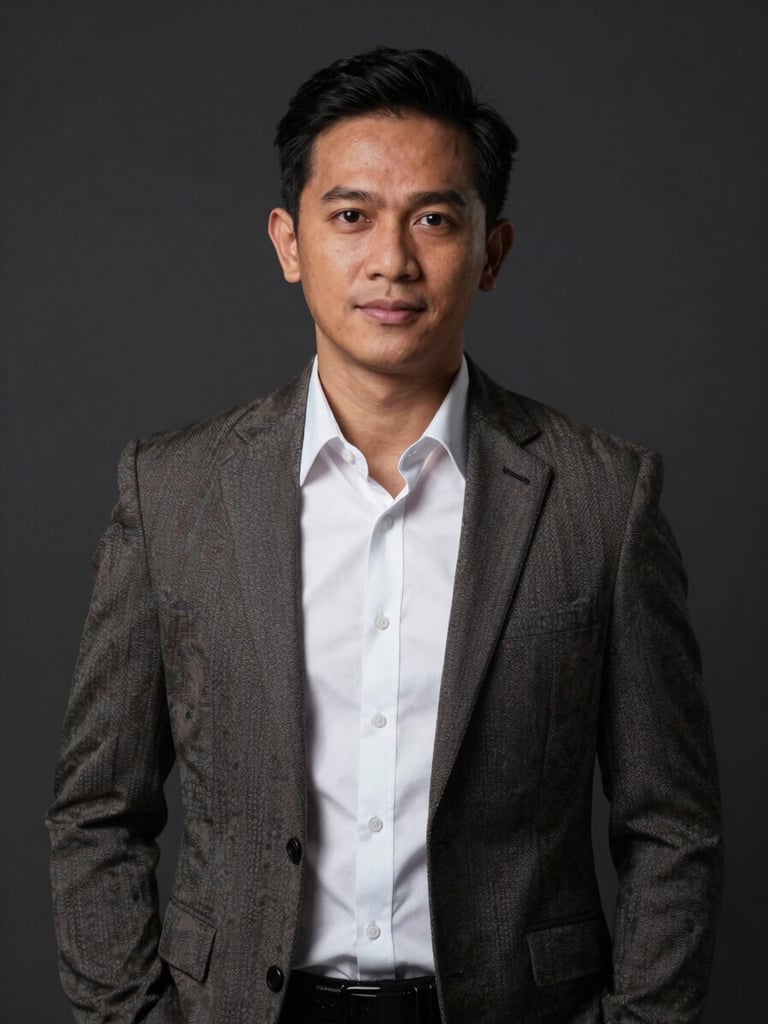 Foto profil profesional Aris Pratama, mengenakan pakaian bisnis kasual dengan latar belakang studio gelap, ekspresi percaya diri dan ramah.