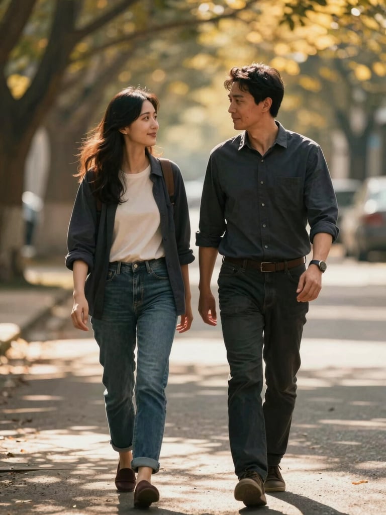 Portrait aspect — a couple walking along a shaded path, one leaning into the other mid-sentence, dappled golden light filtering through trees overhead, faces in profile, hands loosely joined, candid and unhurried