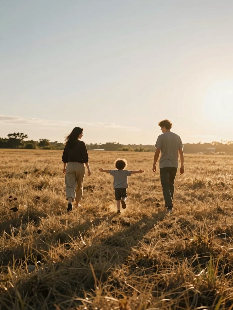 Wide environmental shot: a young family in a sun-drenched open field at golden hour, parents walking ahead while a child runs toward them arms outstretched, long warm shadows across dry grass, hazy backlight silhouetting the scene from the right, nobody looking at camera