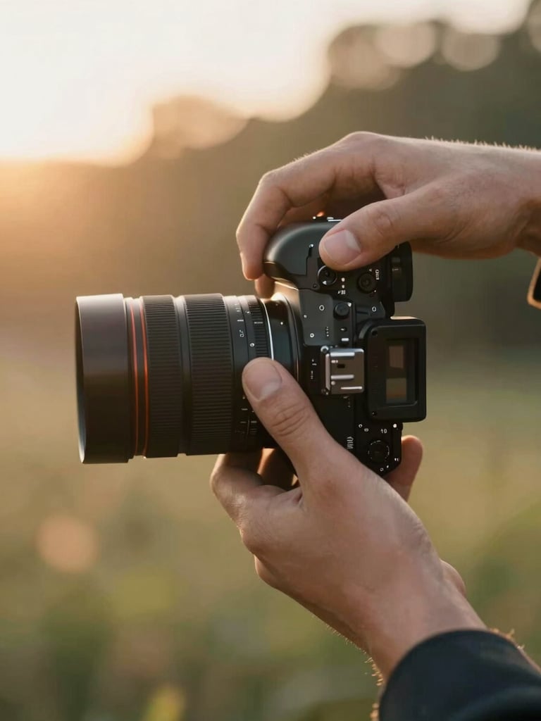 Close-up portrait framing: a photographer's hands holding a camera at waist level, golden-hour light streaming from the left, warm haze softening the background foliage, no faces visible — only the quiet readiness of someone about to notice something real